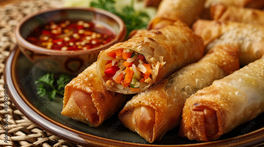 A plate of crispy Thai spring rolls, cut open to reveal a delicious filling of vegetables and noodles, with a side of sweet chili dipping sauce A plate of crispy Thai spring rolls, cut open to reveal a delicious filling of vegetables and noodles, with a side of sweet chili dipping sauce