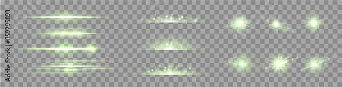 Green lens flares set. Isolated on transparent background. Sun flash with rays or spotlight and bokeh. Glow flare light effect. Vector illustration.