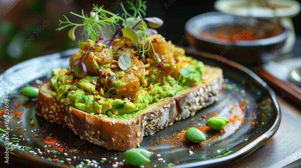 A trendy Bangkok cafe serving Thai-inspired fusion dishes, with a plate of avocado toast topped with Thai herbs and spices A trendy Bangkok cafe serving Thai-inspired fusion dishes, with a plate of avocado toast topped with Thai herbs and spices