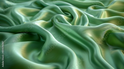 Green silk fabric with smooth folds creating a wave-like pattern. Elegant texture and luxurious material concept