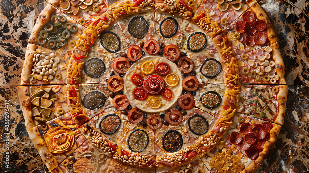 Obraz premium An intricate, mandala-like pattern made from various pizza toppings arranged symmetrically