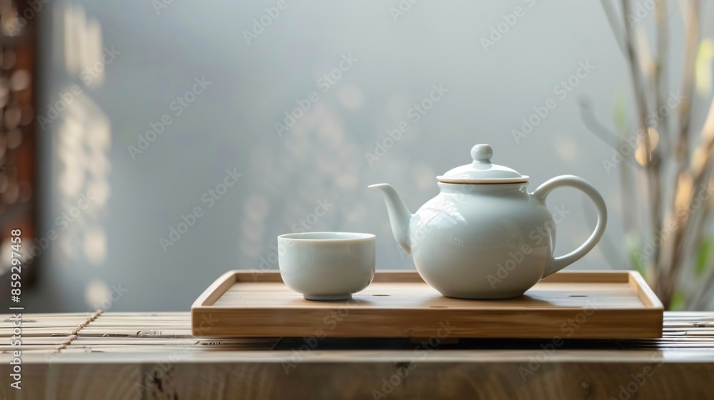 A white ceramic teapot and a single teacup on a smooth, wooden tray, set against a minimalist backdrop A white ceramic teapot and a single teacup on a smooth, wooden tray, set against a minimalist backdrop