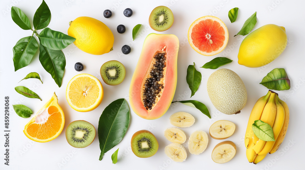 Assorted Fresh Tropical Fruits Arranged on White Background Assorted Fresh Tropical Fruits Arranged on White Background