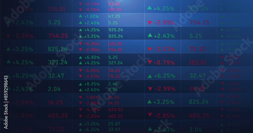  Display of stock market numbers. The rise and fall of the stock market on a dark blue background.