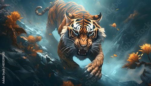 Artistic strange magic tiger fighting on digital art concept, Generative AI.