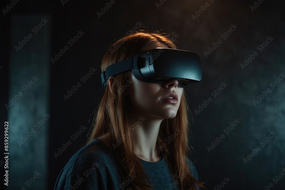 Young woman using glasses of virtual reality on dark background Young woman using glasses of virtual reality on dark background