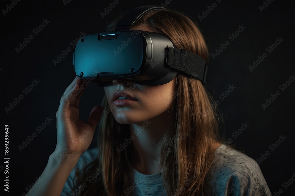 Young woman using glasses of virtual reality on dark background Young woman using glasses of virtual reality on dark background