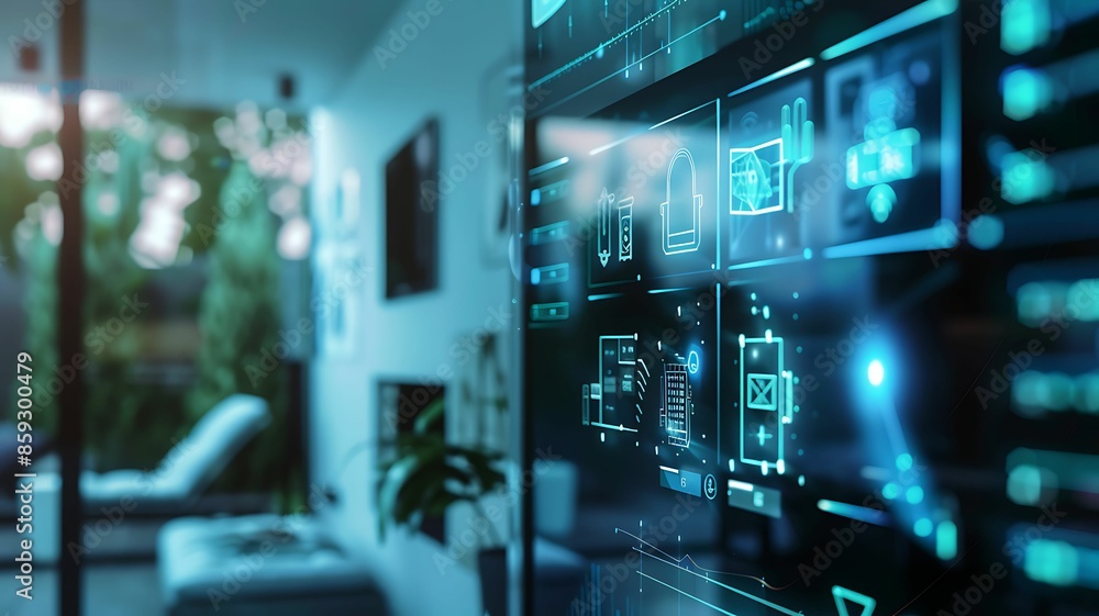 Capture the sophistication of a smart home system powered by machine learning technology, featuring sleek control panels and devices, with a blurred background and ample copy space for text