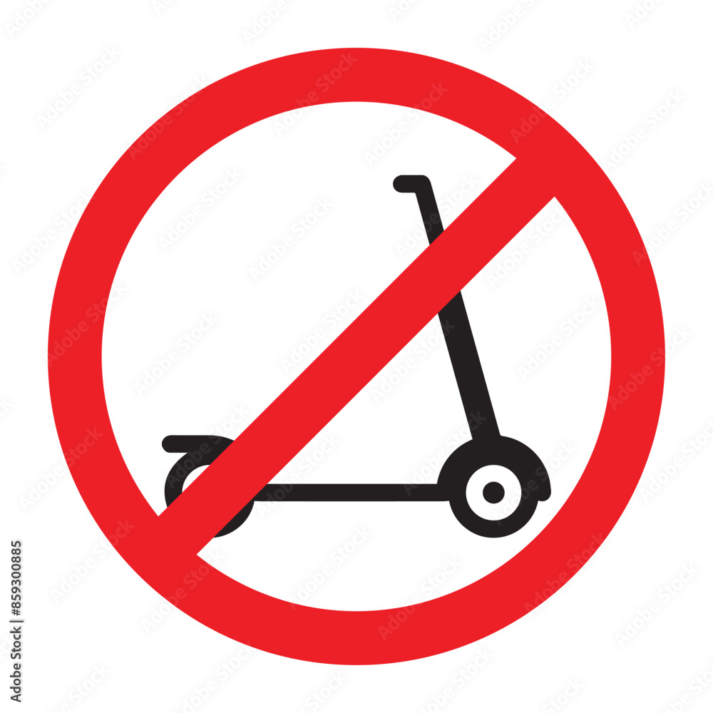 No kick scooter allowed red sign symbol prohibition. No scooter sign icon islated on white background. Riding on scooters is prohibited. Warning red round sign. The sticker. Vector flat illustration. No kick scooter allowed red sign symbol prohibition. No scooter sign icon islated on white background. Riding on scooters is prohibited. Warning red round sign. The sticker. Vector flat illustration.