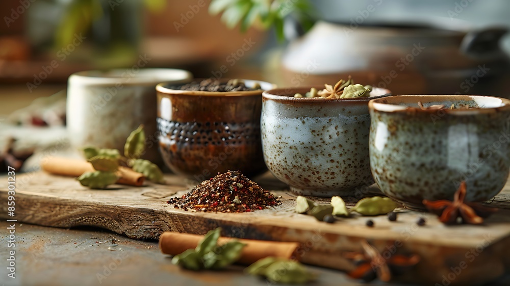 Professional stock photo in a real-life setting, capturing various seasonings in elegant ceramic cups on a kitchen table, including anise, cardamom, cloves, and cinnamon, warm lighting Professional stock photo in a real-life setting, capturing various seasonings in elegant ceramic cups on a kitchen table, including anise, cardamom, cloves, and cinnamon, warm lighting