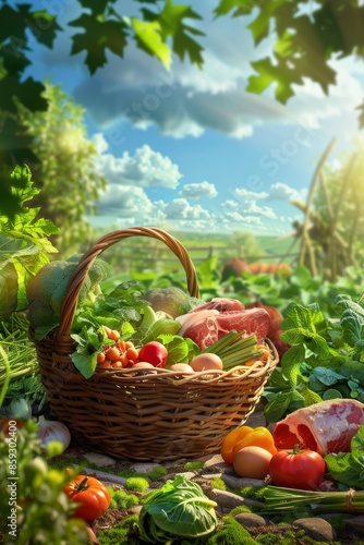 Wicker Basket Filled With Fresh Produce and Raw Meat Outdoors on Sunny Day