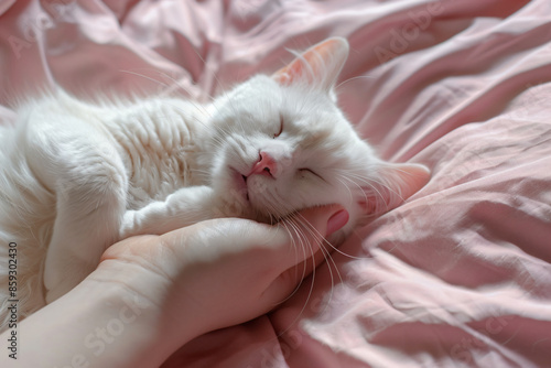 a white cat sleeping on a pink bed © Nam