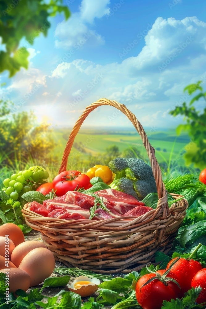 Wicker Basket Filled With Fresh Produce and Raw Meat Outdoors on Sunny Day Wicker Basket Filled With Fresh Produce and Raw Meat Outdoors on Sunny Day