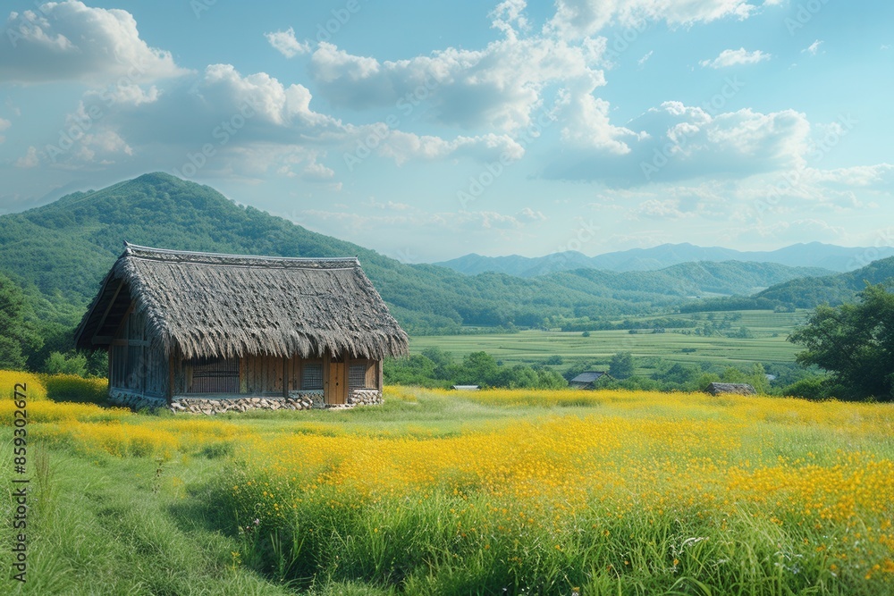 Joseon man in 1500, a small thatched house in a wide field can be seen in the distance, satellite,, HRD, realistic, photo, movie Joseon man in 1500, a small thatched house in a wide field can be seen in the distance, satellite,, HRD, realistic, photo, movie