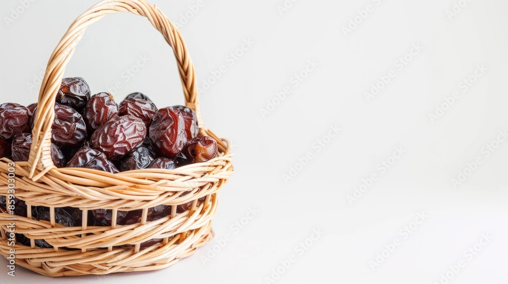 Dried Dates on wooden basket with white background and space for text Ramadan theme Dried Dates on wooden basket with white background and space for text Ramadan theme
