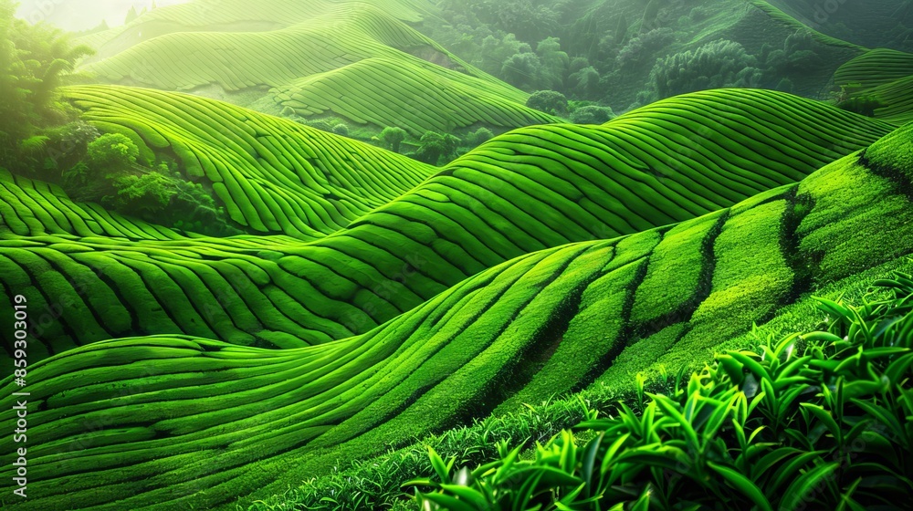 Fototapeta premium Lush Green Tea Plantation Hills in Morning Light