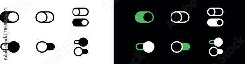 On Off switch button icon. Icons set of toggle buttons in black, white and green. Vector UI illustration isolated on White and dark grey background. Editable eps template pack