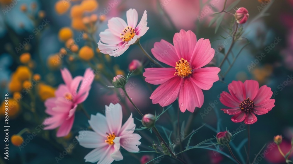 Delicate Pink and White Cosmos Flowers in a Garden Delicate Pink and White Cosmos Flowers in a Garden