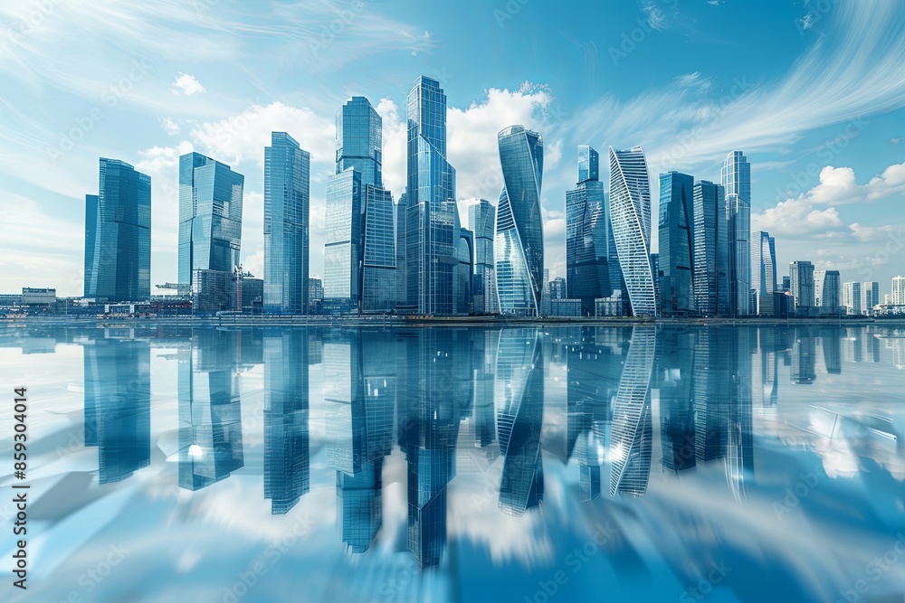 Fototapeta premium Modern city skyline with skyscrappers and reflection created with Generative AI