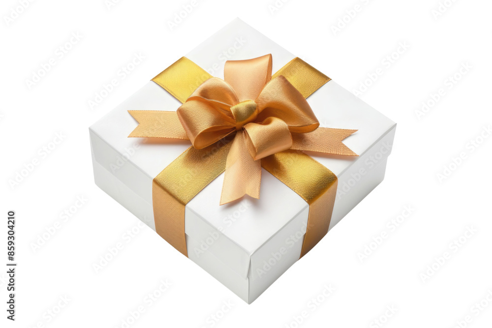 Obraz premium white gift box PNG with golden ribbon and bow isolated on white background