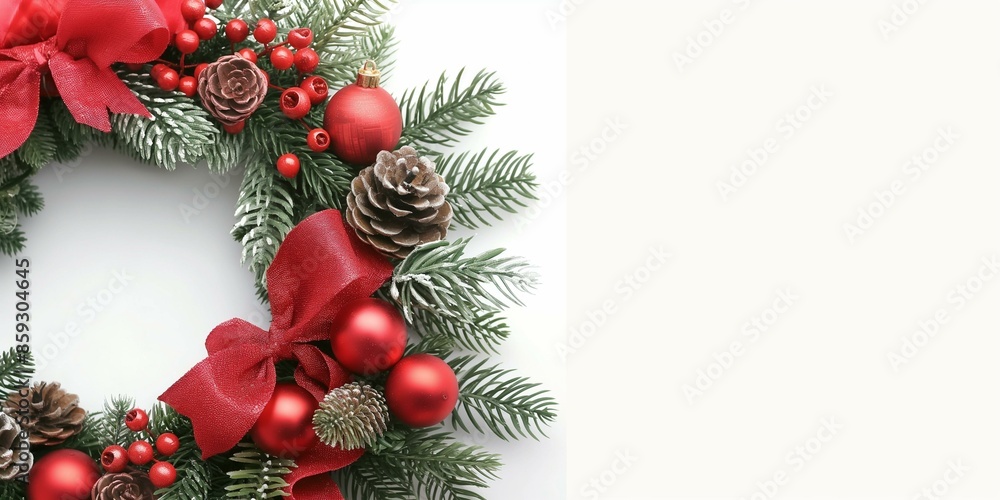 Christmas wreath with pine cones, gold and red decorations, bow Christmas wreath with pine cones, gold and red decorations, bow