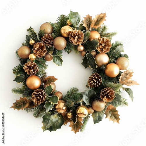 Christmas wreath with pine cones, gold and red decorations, bow 