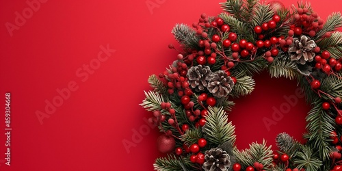Christmas wreath with pine cones, gold and red decorations, bow 