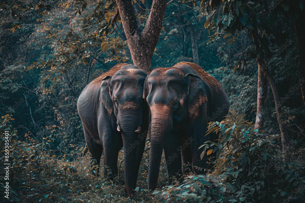 Fototapeta premium two elephants walking through a forest with trees