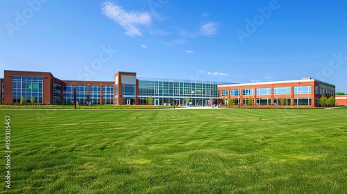 Modern American High School Building with Brick Exterior and Grassy Fields Under Clear Blue Skies. Wide-Angle View of Campus Landscape with Students, Featuring Contemporary Architectural Design.