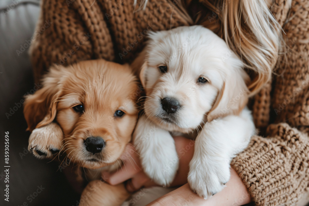 a woman holding two puppies in her arms a woman holding two puppies in her arms
