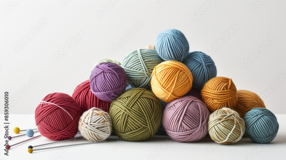 Colorful yarn balls building a composition on a white background. Background for showcasing knitting. Created with Generative AI technology. Colorful yarn balls building a composition on a white background. Background for showcasing knitting. Created with Generative AI technology.