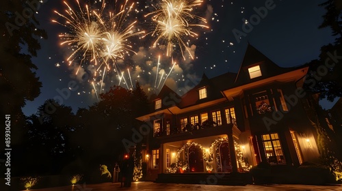 an elegant view of firework outside a house photo