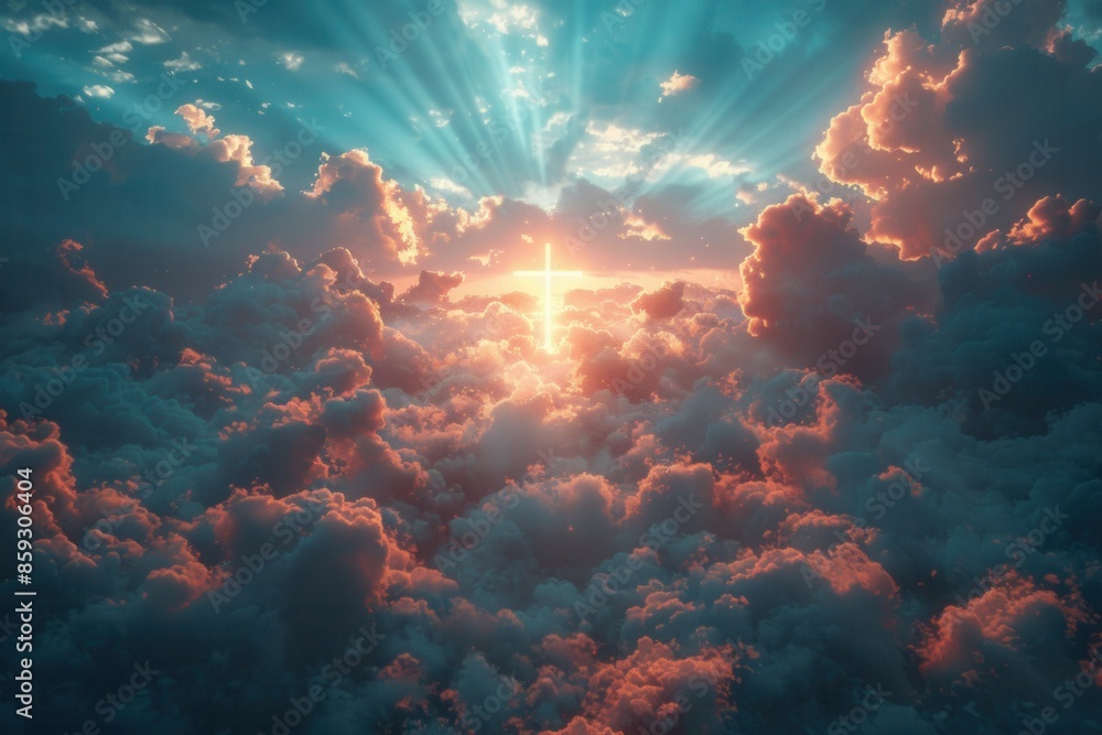 shiny silver cross between clouds and a clear sky with rays of light hd cinematic shiny silver cross between clouds and a clear sky with rays of light hd cinematic