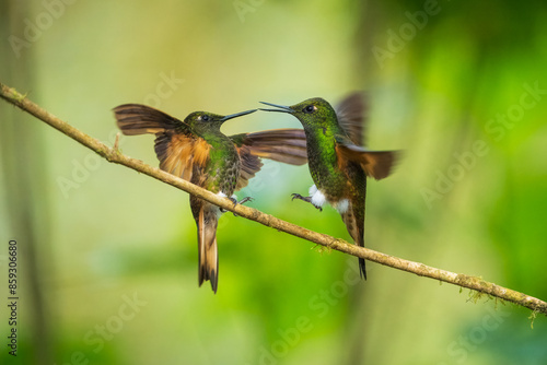 Two fighting Buff-tailed coronet (Boissonneaua flavescens), in flight, 4K resolution, best Ecuador humminbirds
 photo