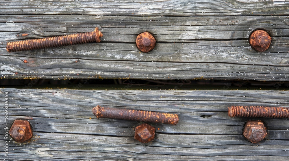 Close up of weathered rusty nails on wooden surface exposed to moisture and oxidized with room for text Close up of weathered rusty nails on wooden surface exposed to moisture and oxidized with room for text