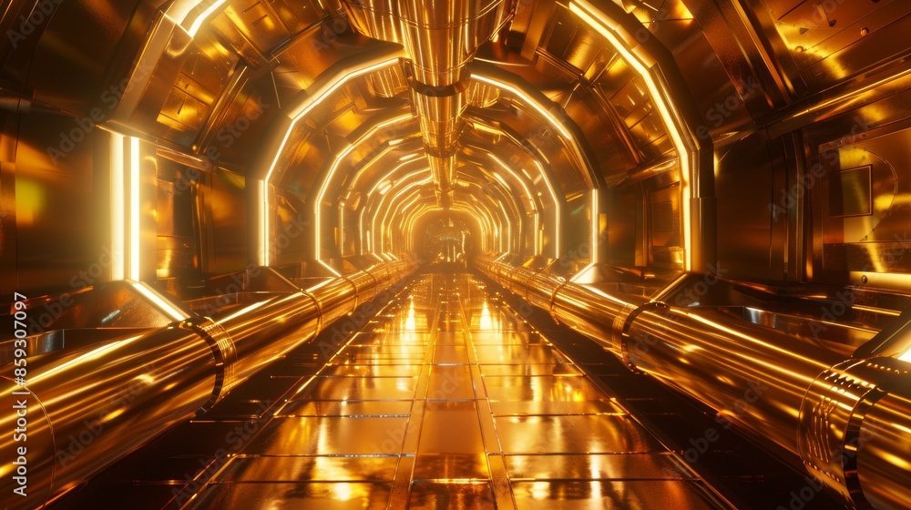 Golden Futuristic Tunnel with Glowing Lights Golden Futuristic Tunnel with Glowing Lights