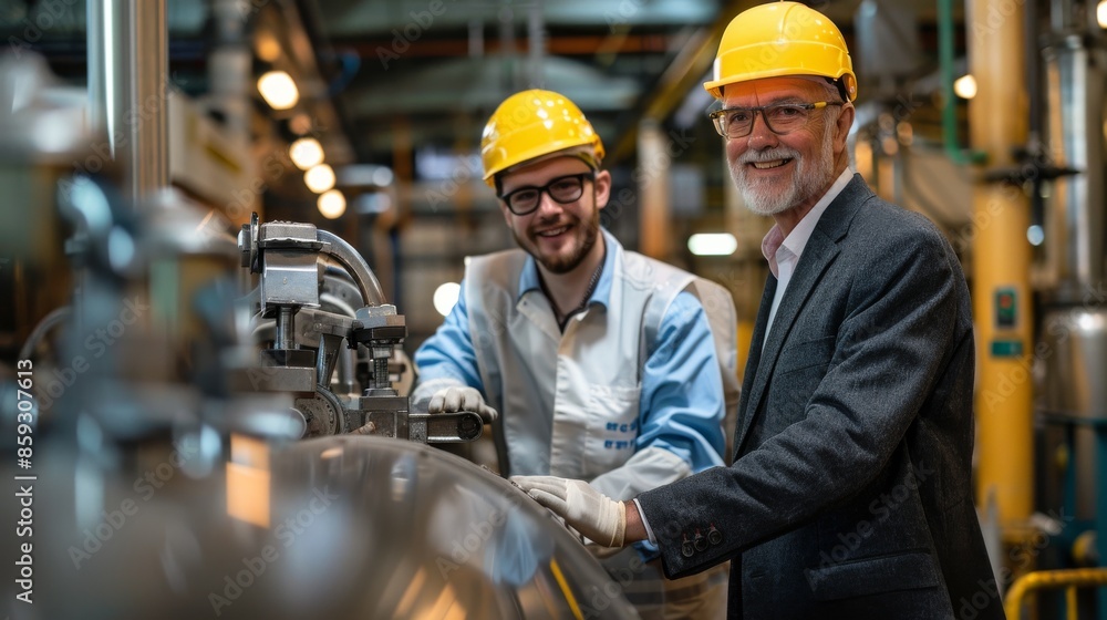 Company leaders and workers in the industrial environment smile, show mutual respect and teamwork, with realistic details and lifelike expressions Company leaders and workers in the industrial environment smile, show mutual respect and teamwork, with realistic details and lifelike expressions
