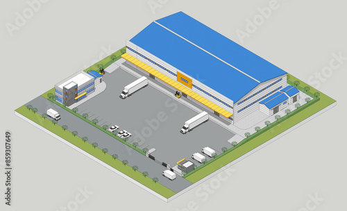 isometric illustration of a building, The image depicts an isometric view of a logistics center. The facility includes a large warehouse with a blue roof, multiple loading docks, and several trucks.