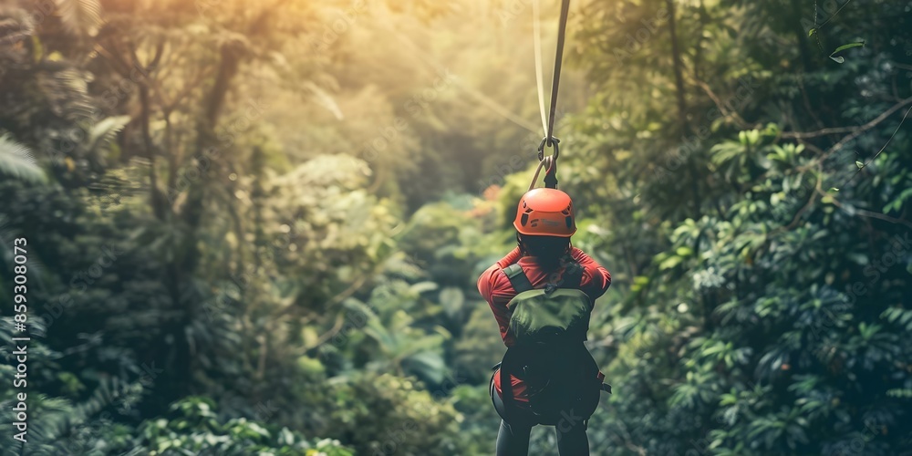 Obraz premium Thrillseeking adventurers zip lining through dense forest canopy for breathtaking views. Concept Adventure Travel, Zip Lining, Forest Canopy, Breathtaking Views, Thrillseekers