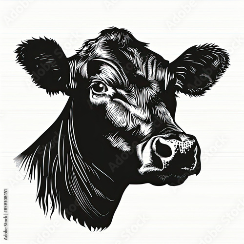 A black and white drawing of a cow 's head