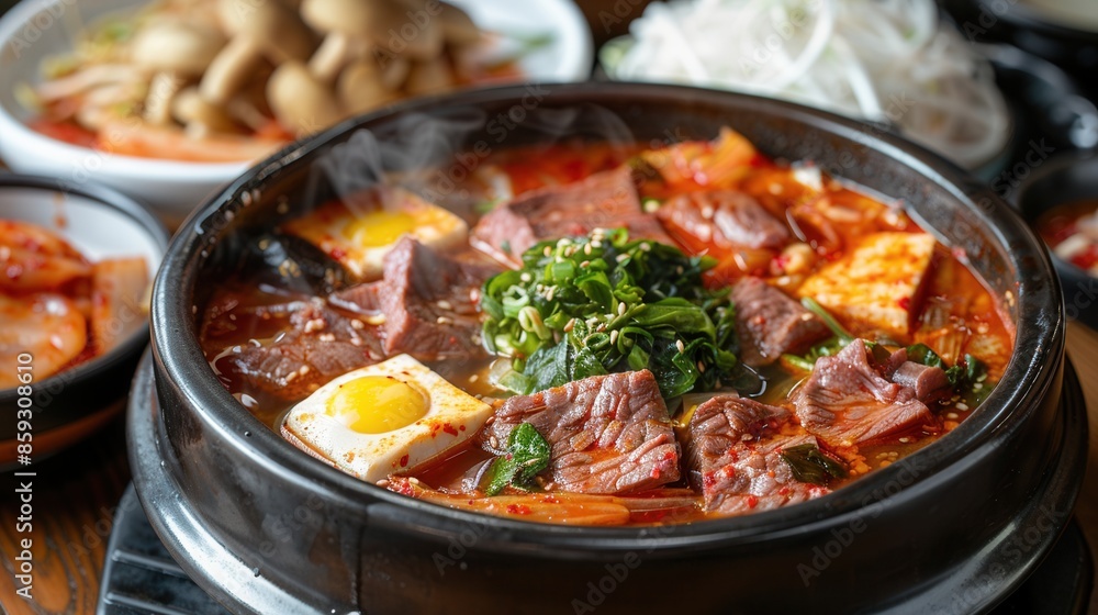 Kimchi stew contains beef and tofu, and the background is Korean. Kimchi stew contains beef and tofu, and the background is Korean.