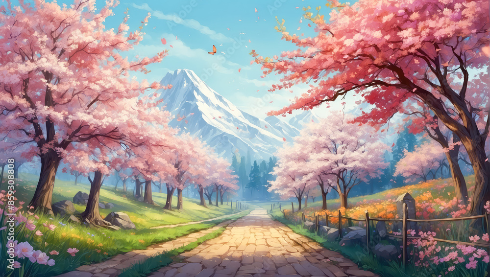 A scenic path lined with cherry blossom trees leading towards a snow-capped mountain. The vibrant colors and clear sky add to the serene and enchanting feel of the scene. A scenic path lined with cherry blossom trees leading towards a snow-capped mountain. The vibrant colors and clear sky add to the serene and enchanting feel of the scene.