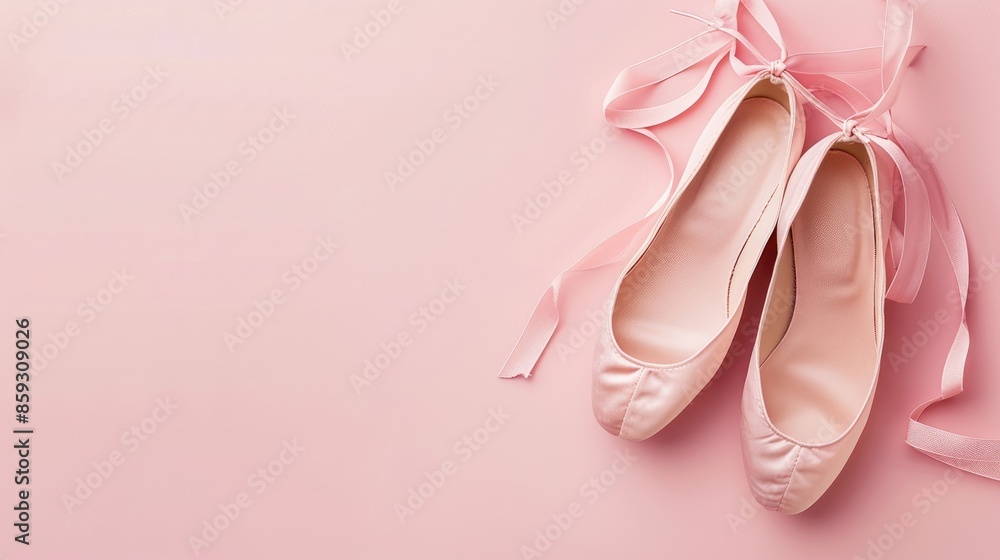 Elegant ballet shoes on pink background viewed from above Text space available Elegant ballet shoes on pink background viewed from above Text space available