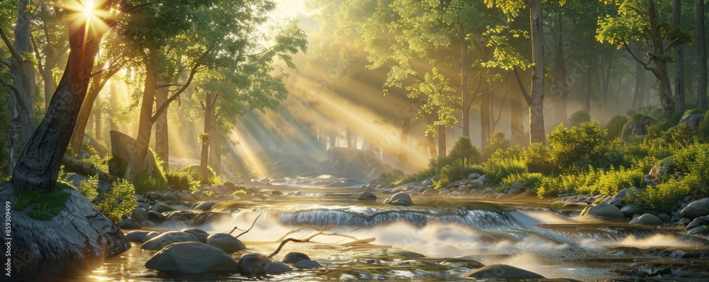 Sunlit forest stream with lush vegetation and morning mist, serene nature scenery Sunlit forest stream with lush vegetation and morning mist, serene nature scenery