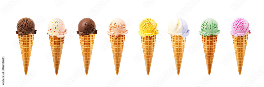 Ice cream scoop on waffle cone on transparent background cutout, PNG file. Many assorted different flavour Mockup template for artwork design. Ice cream scoop on waffle cone on transparent background cutout, PNG file. Many assorted different flavour Mockup template for artwork design.