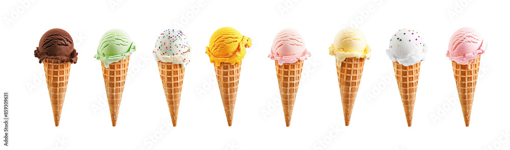 Ice cream scoop on waffle cone on transparent background cutout, PNG file. Many assorted different flavour Mockup template for artwork design.