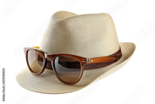 Straw hat and sunglasses isolated on a white background