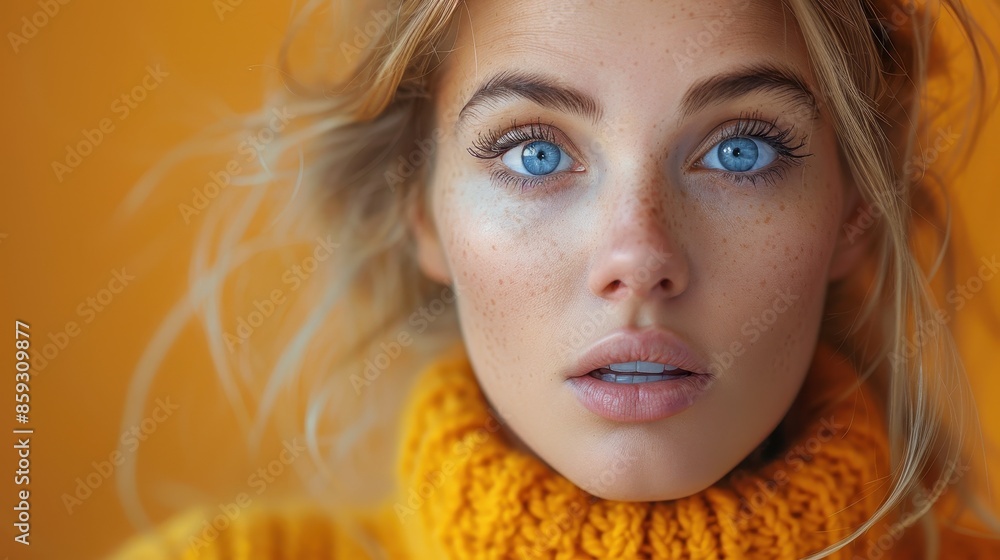 Close-up of a young woman with blue eyes and freckles, dressed in a knitted yellow sweater, looking intently at the camera, set against an orange backdrop. Close-up of a young woman with blue eyes and freckles, dressed in a knitted yellow sweater, looking intently at the camera, set against an orange backdrop.
