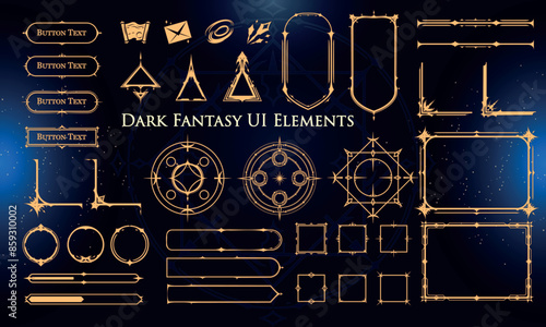 Set of Dark Fantasy Elements for user interface, poster, video. Fantasy magic HUD. Template for rpg game interface. Vector Illustration EPS10