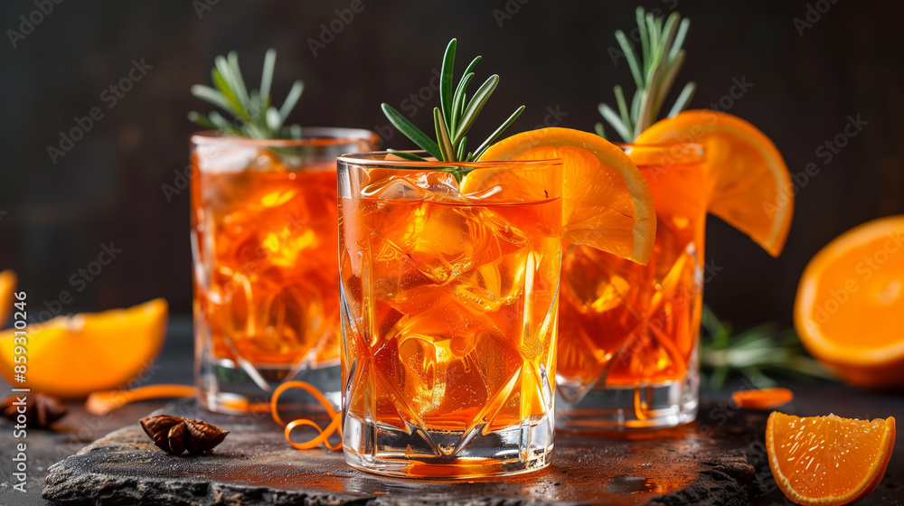 Three elegant glasses of Crodino spritz, garnished with rosemary and orange slices, rest on a dark surface Three elegant glasses of Crodino spritz, garnished with rosemary and orange slices, rest on a dark surface